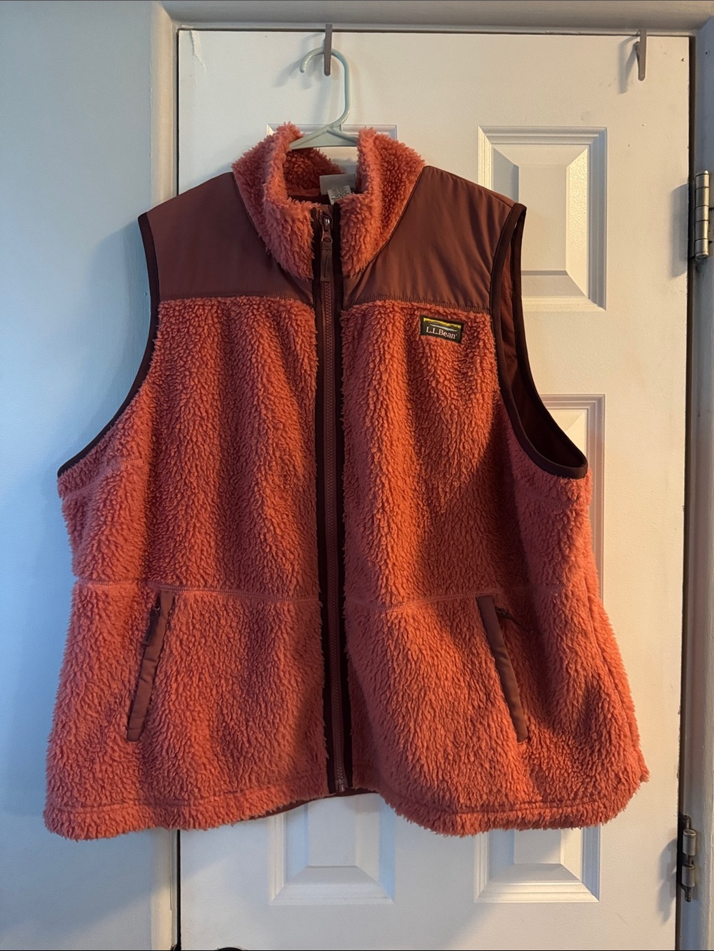 L.L. Bean Coral Sherpa Fleece Vest with Brown Trim
